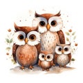 Watercolor illustration of a family of owls on a white background.