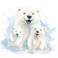 Watercolor illustration of a family of polar bears on a white background.