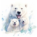 Watercolor illustration of a family of polar bears on a white background.