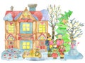 Watercolor illustration with family singing Christmas carols, funny animal, beautiful vintage houses and nature isolated on white Royalty Free Stock Photo