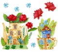 Watercolor illustration. Fantasy houses in the form of a coffee pot and cups, flowers, leaves
