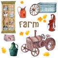 Watercolor illustration farm cabinet with utensils,aluminum farm feed trough, Royalty Free Stock Photo