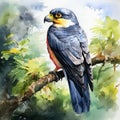 Mysterious Jungle: Watercolor Illustration Of Toucan Levant Sparrowhawk