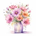 Watercolor Floral Bouquet: Pink Cosmos In Vase Royalty Free Stock Photo