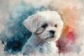 watercolor illustration featuring an endearing white dog