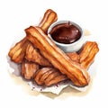 Watercolor Illustration Of Churros With Chocolate Sauce