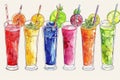 Watercolor illustration featuring a variety of colorful smoothies made with fresh fruits and vegetables, Draw a selection of Royalty Free Stock Photo