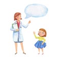 Watercolor illustration Female doctor pediatrician tells child girl. illustration of a children`s doctor