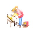 Watercolor illustration of a female welder welded a pipe in a protective helmet and with an in