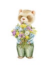 Watercolor illustration with ferret in overalls holding bouquet of flowers