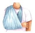 Watercolor Illustration of firs aid person with dislocated shoulder, bandaged arm. Physiotherapy clipart.