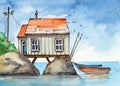 Watercolor illustration of a fisherman`s house with a red roof