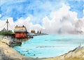 Watercolor illustration of a fisherman`s house with a red roof on stilts Royalty Free Stock Photo