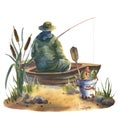 Watercolor illustration, fishing in the wooden boat on the beach. A fisherman is fishing with a bait, sitting on the