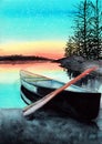 Watercolor illustration of a fishing boat on the shore of a lake