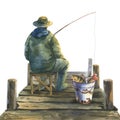 Watercolor illustration, fishing on the pier. a fisherman is fishing with a bait, sitting on the pier, next to it is a