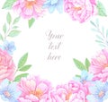 Watercolor illustration. Floral frame with peonies flowers. Wedding invitation/greeting card with leaves, peonies, blue flowers.