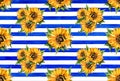 Watercolor illustration of a floral sunflower pattern on a blue striped background. Royalty Free Stock Photo