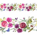 Watercolor illustration. Flower border of roses, lilies and peonies. Buds of roses, lilies and peonies, flowers of roses, lilies