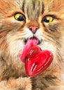 Watercolor illustration of a fluffy ginger cat with yellow eyes with a red lollipop Royalty Free Stock Photo