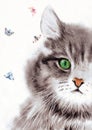 Watercolor illustration of a fluffy tabby cat with a beautiful green eye