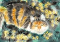 Watercolor illustration of a fluffy tabby ginger-gray cat in green grass