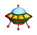 Watercolor illustration of a flying saucer. Unidentified flying object - UFO.