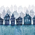 Foggy town with crooked houses painted in watercolor.