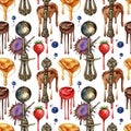 Watercolor Illustration of Food and Hookahs Pattern Royalty Free Stock Photo