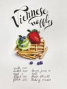 Watercolor illustration of food: Viennese Belgian waffles with juicy strawberries and ripe kiwi