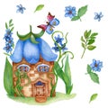 Watercolor illustration. Forest house-bell, leaves, flowers and butterfly.