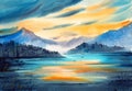 Watercolor illustration of a forest lake at sunset with fir trees, distant misty mountains Royalty Free Stock Photo