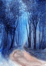 Watercolor illustration of a forest road and tall trees along it