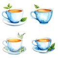 Watercolor Illustration of Four Blue Tea Cups with Herbs Royalty Free Stock Photo