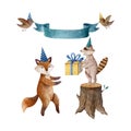 Watercolor illustration with fox in birthday cap and raccoon