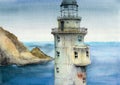 Watercolor illustration of a fragment of an abandoned lighthouse at Cape Aniva