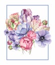 Watercolor illustration frame flower composition with tulip, bud, anemone, rose