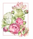 Watercolor illustration frame flower composition with tulip, bud, rose Royalty Free Stock Photo