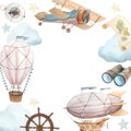 Watercolor illustration of frame with flying vehicles and travel attributes. Airship, retro plane, hot air balloon Royalty Free Stock Photo