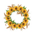 Frame wreath of sunflowers and wheat watercolor