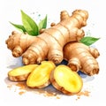 Watercolor Illustration of Fresh Ginger Root with Green Leaves and Sliced Ginger on White Background Royalty Free Stock Photo
