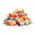 Watercolor Illustration Of Fresh Salmon Sashimi On White Background