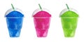 Watercolor frosty ice raspberry, pink, blue and green berry smoothie slush in a clear plastic container with a straw