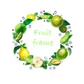 Watercolor illustration, fruit frame. Apple, lime, durian, lemon, mint, ice cubes