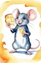 watercolor illustration of funny character - cute mouse with big ears holding piece of swiss cheese Royalty Free Stock Photo