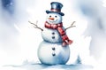 watercolor illustration of funny snowman in cylinder hat for greeting card, winter leisure concept