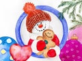 Watercolor illustration a funny snowman in knitted hat Royalty Free Stock Photo