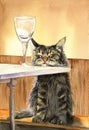 Watercolor illustration of a funny tabby gray cat sitting at a table Royalty Free Stock Photo