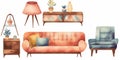 Watercolor illustration of furniture for living room: sofa, armchair, mirror etc. created with generative ai tools