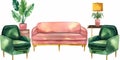 Watercolor illustration of furniture for living room: sofa, armchair, mirror etc. created with generative ai tools